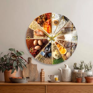 Wanduhr aus Glas mit Lebensmittelzutaten, runde Küchenuhr, Geschenkidee für Köche, Wanddekoration für das Esszimmer