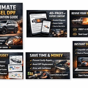 Pode incluir: Imagem promocional para um guia de regeneração do filtro de partículas diesel (DPF). A imagem apresenta um SUV preto, diagramas e o texto "ULTIMATE DIESEL DPF REGENERATION GUIDE". Também inclui informações sobre conteúdo especializado, dicas de diagnóstico e download instantâneo.