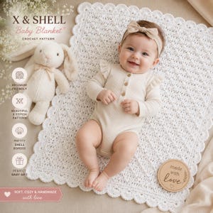 Puede incluir: Un bebé con un body y una diadema beiges está acostado sobre una manta de crochet blanca. Un conejito de peluche y un disco de madera con la inscripción "made with love" también están en la imagen. La manta tiene un borde de concha.