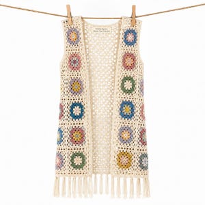 Granny Square Duster Vest Crochet Pattern (PDF), Boho Fringe Cardigan, Festival Coat XS-5XL