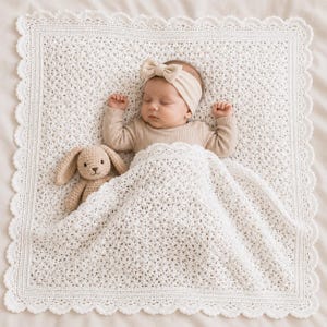Puede incluir: Un bebé dormido con una diadema y un body beige, cubierto con una manta blanca de ganchillo. Un juguete de conejo de ganchillo beige descansa junto al bebé sobre la manta. La manta tiene un borde festoneado.