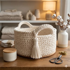 May include: A round, off-white crocheted basket with two integrated handles and a decorative tassel hanging from one side. The basket sits on a circular wooden base, accompanied by a small lidded container, scissors, and a measuring tape.