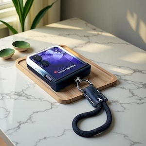 May include: A navy blue and white smartphone case with a matching lanyard. The phone displays a purple and blue screen. The case is on a wooden tray, with two small green bowls in the background. The phone reads "XIAOMI MIX Flip".
