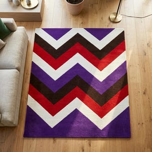Modern Chevron Hand-Tufted Rug – Bold Red, Purple & Brown Zigzag Pattern | Contemporary Geometric Wool Carpet | Living Room Statement Rug