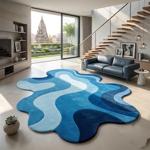 Modern Abstract Blue Wave Rug – Hand Tufted Irregular Shape Carpet | Luxury Living Room Statement Rug | Soft Contemporary Floor Art