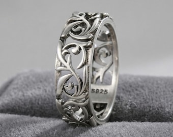 925 Sterling Silver Vintage Ring, Hollow Floral Band, Minimalist Wedding Jewelry