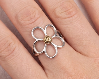 925 Sterling Silver Hollow Flower Ring - Retro Style Floral Adjustable Party Band