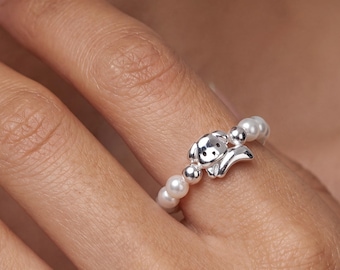 Sterling Silver Pet Pearl Ring, Elastic Irregular Beads, Sweet Design, Party Jewelry