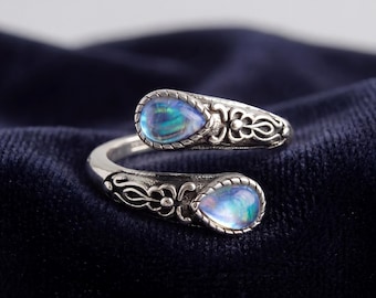 925 Sterling Silver Blue Stone Ring | Vintage Geometric Boho Adjustable Band