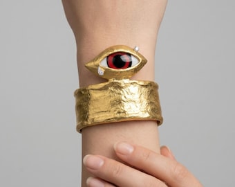 Ethnic Cuff Bracelet | Wide Hammered Silver Eye Motif Open Bangle | Vintage Tribal Boho Statement Jewelry