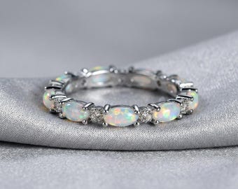Oval Opal Wedding Ring | Blue White Boho Engagement Band Jewelry