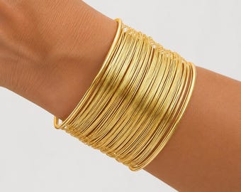 Wire Cuff Bracelet | Wide Layered Statement Bangle Stainless Steel | Vintage Adjustable Wrist Wrap