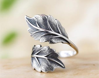 Oxidized Stainless Steel Leaf Ring, Adjustable Boho Botanical Jewelry