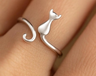 Minimalist Cat Ring: Stainless Steel Open Band, Adjustable Jewelry