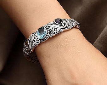 Vintage Thai Silver Crystal Bangle – Bohemian Sterling Silver Cuff