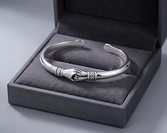 Women's 925 Sterling Silver Handshake Bracelet | Adjustable Friendship Cuff Bangle | Retro Style Silver Jewelry