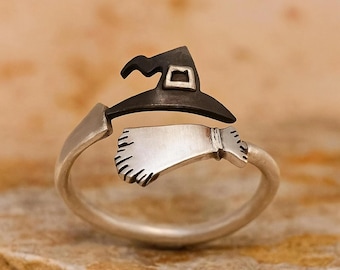 Witch Hat and Broom Ring: Stainless Steel Adjustable Witch-core Jewelry