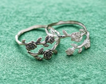Handmade Sterling Silver Rose Branch Ring - Adjustable Floral Jewelry