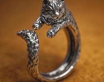 Vintage Black Kitten Ring: Adjustable Gothic Punk Cat Lover Jewelry