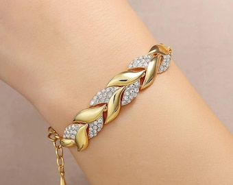 Crystal Leaf Link Bracelet: Adjustable Stainless Steel Chain Cuff