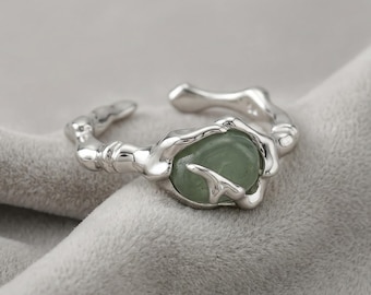 Silver Geometric Stone Ring | Minimalist Open Adjustable Band | Women Statement Fashion Ring