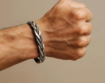 Men Vintage Inspired Metal Cuff Bracelet | Braided Rustic Style Bangle | Adjustable Fashion Jewelry