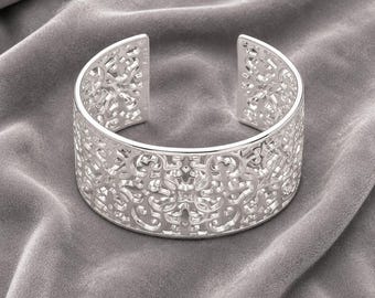 Bracciale rigido largo in argento sterling 925 / Bracciale aperto floreale romantico / Bracciale di tendenza regolabile per donna