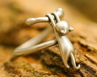 Sterling Silver Cat Ring – Branch Design, Adjustable Animal Jewelry