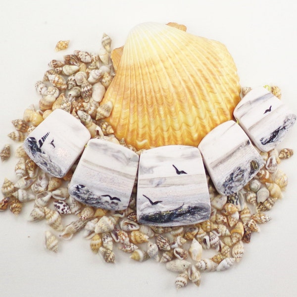 Handmade Polymer Clay Statement Focal 5 Bead Set -Panorama Graduated Beads-Seascape-Light House-Beach Themed-Black on White-PA 8612