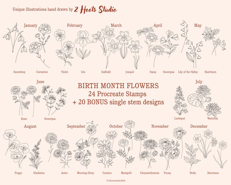 Birth Month Flower Procreate Stamps, Botanical Line Art Tattoo Design ...