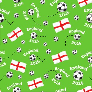 May include: A green background with a repeating pattern of soccer balls, England flags, and the text "England 2026". The soccer balls are black and white, and the flags have a red cross on a white background.