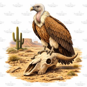 May include: Illustration of a vulture perched on a cow skull in a desert landscape. The vulture has brown and white feathers, a pink neck, and a yellow beak. A cactus and desert mountains are in the background.