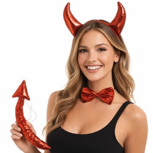 May include: A red devil costume set featuring a headband with horns, a bow tie, and a tail. The accessories have a shiny, metallic finish, perfect for Halloween or costume parties.