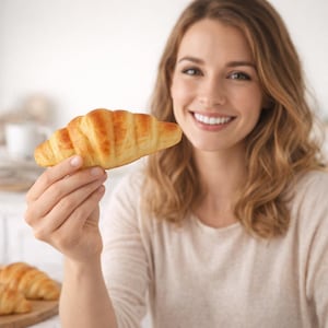May include: A golden-brown croissant held in a person's hand. The pastry has a flaky texture and is freshly baked. The person is smiling, suggesting enjoyment of the baked good. The background is a soft, neutral color.