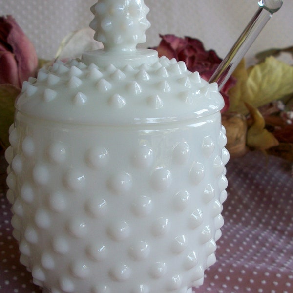 Fenton Hobnail white milk glass jam or jelly jar vintage with clear glass spoon