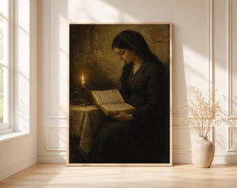 Stampa artistica di una donna che legge a lume di candela, poster vintage dark academia