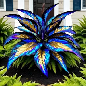 May include: A vibrant plant with large, stylized leaves. The leaves are a striking combination of blue, gold, and purple hues, creating a bold and eye-catching display. The plant is surrounded by green foliage, enhancing the contrast and visual appeal.