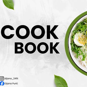 Peut inclure: Couverture de livre de cuisine avec le texte "COOK BOOK" en noir. Un bol de salade avec avocat, tomates, œufs et fromage est à droite. Le fond est blanc et vert avec une feuille.