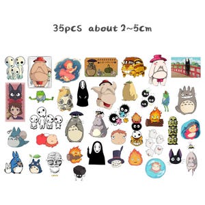 May include: A collection of 35 stickers featuring various characters from the animated film "My Neighbor Totoro" and other Studio Ghibli films. The stickers are approximately 2 to 5 cm in size and include characters like Totoro, No-Face, and soot sprites.