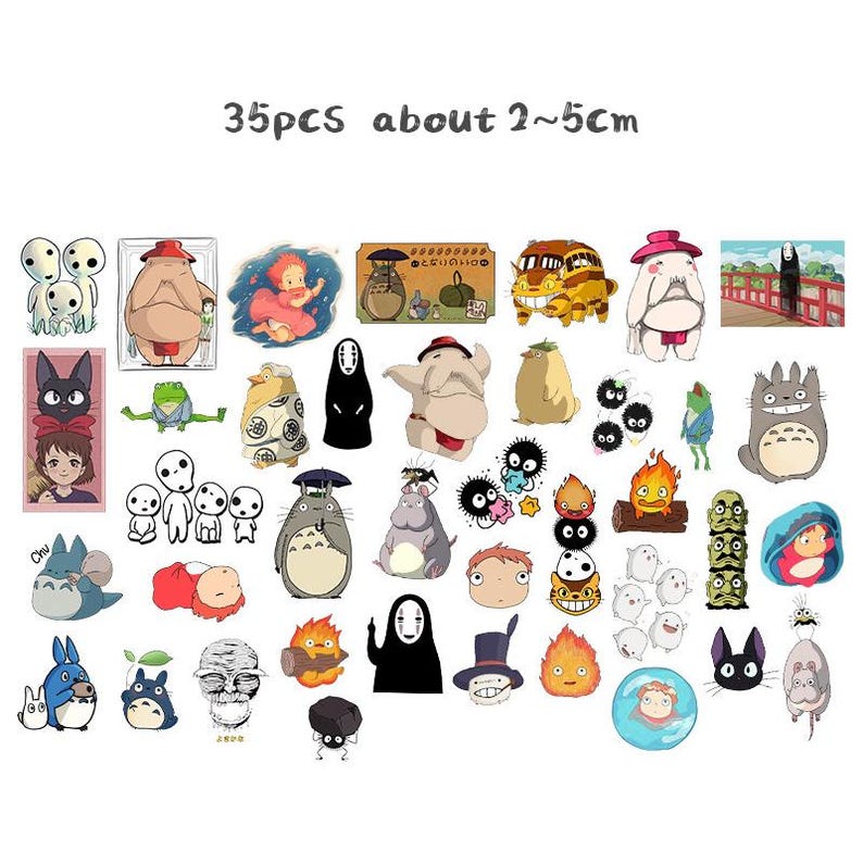 May include: A collection of 35 stickers featuring various characters from the animated film "My Neighbor Totoro" and other Studio Ghibli films. The stickers are approximately 2 to 5 cm in size and include characters like Totoro, No-Face, and soot sprites.
