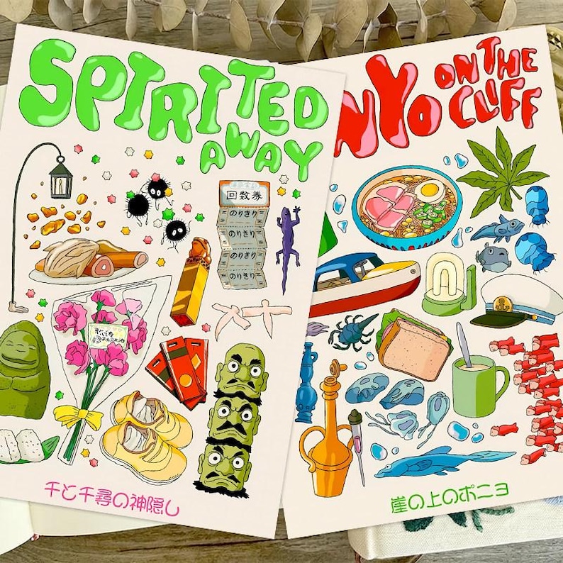 Peut inclure: Deux impressions d'art avec des illustrations color&eacute;es inspir&eacute;es des films d'animation japonais. L'une dit "Spirited Away" et comprend des images de nourriture, de personnages et d'objets. L'autre dit "On The Cliff" et a des illustrations similaires.