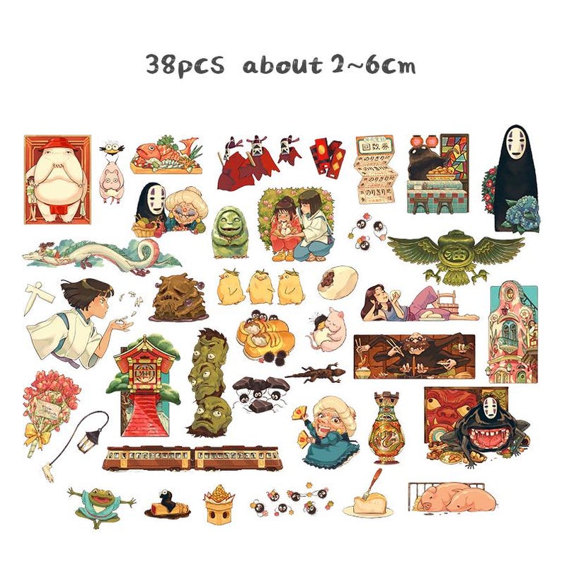May include: A collection of 38 stickers featuring various characters and scenes from an animated film. The stickers vary in size, approximately 2 to 6 cm. The images include characters, buildings, and other elements from the film, in a variety of colors.