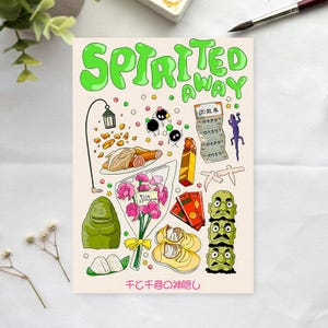 Peut inclure: Illustration color&eacute;e avec le texte "Spirited Away" en vert. L'&oelig;uvre comprend divers &eacute;l&eacute;ments de dessins anim&eacute;s comme de la nourriture, des personnages et du texte japonais, sur fond beige clair.