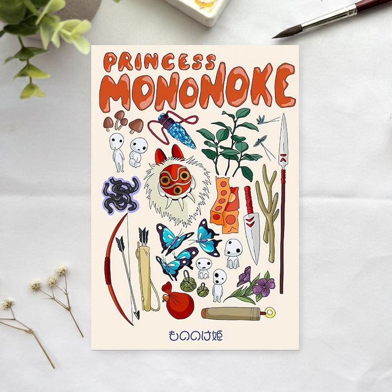 Peut inclure: Une affiche beige avec des illustrations du film "Princesse Mononok&eacute;". L'affiche pr&eacute;sente le titre en orange, ainsi que des dessins de personnages et d'objets, notamment des papillons, un arc et des fl&egrave;ches, et des esprits de la for&ecirc;t.
