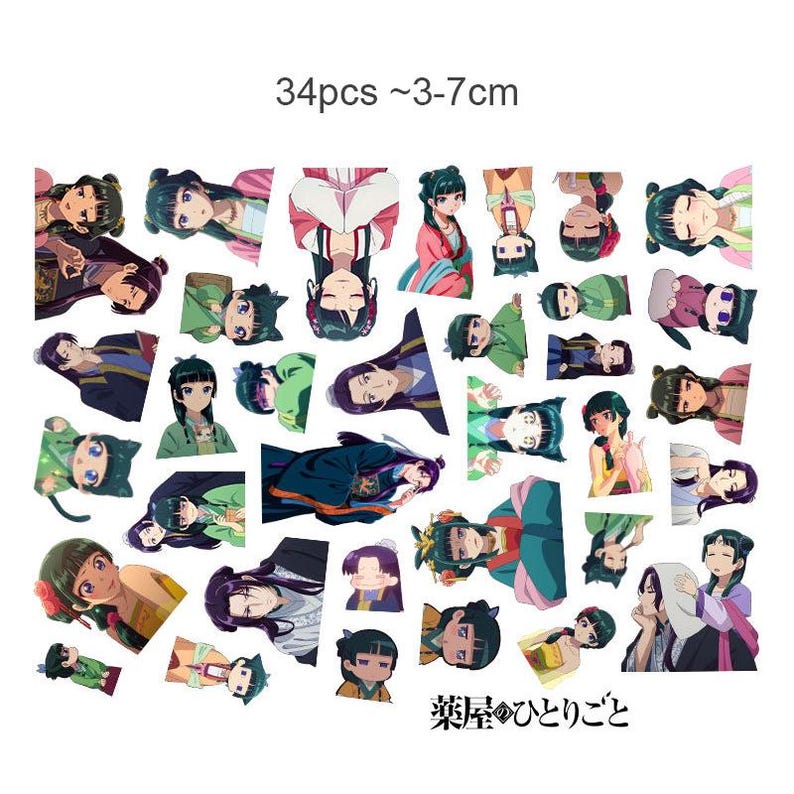 May include: A set of 34 stickers with anime-style illustrations of characters in different poses and outfits. The stickers are approximately 3 to 7 cm in size. The text "34pcs ~3-7cm" is visible at the top.