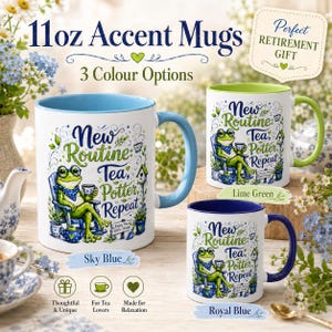 Retirement Mug Gift for Women, New Routine Tea Potter Repeat Frog Accent Mug, 11oz Tea Lover Gardener Gift