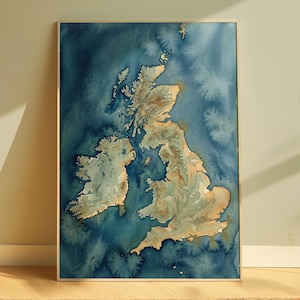 May include: A vertical rectangular wall art print featuring a watercolor map of the British Isles. The landmasses are rendered in shades of tan and light brown, while the surrounding ocean is depicted in deep, blended blue watercolor washes.