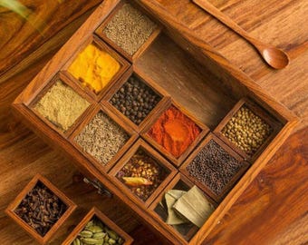 Wooden Container Spice (Masala) 12 Box With Spoon