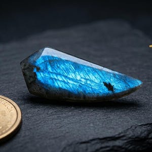 May include: A polished labradorite gemstone with iridescent blue and grey hues. The gemstone is displayed next to a US one-dollar coin for size comparison. The stone has a unique shape and is set against a dark background.