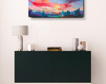 Large Colorful Modern Impressionist Landscape Painting on Canvas 36x18" Ready to Hang
